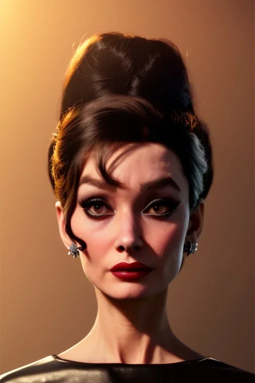 Audrey Hepburn as evil queen in black leather, leather, busty, cleavage, angry, stern look. character design by cory loftis, fenghua zhong, ryohei hase, ismail inceoglu and ruan jia. unreal engine 5, artistic lighting, highly detailed, photorealistic, fantasy