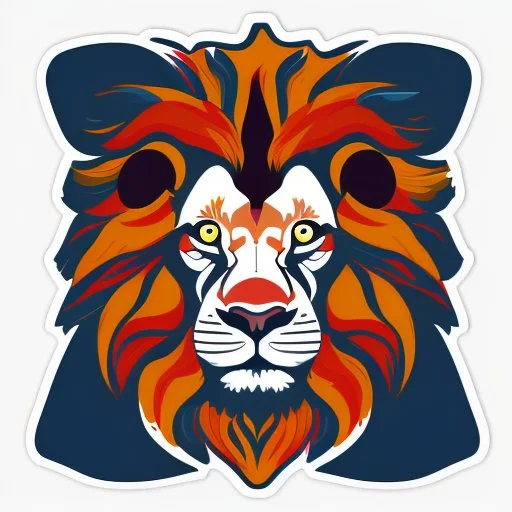 A sticker design in a minimalistic style featuring a caricature lion in vivid colors. The subject is presented alone on a neutral background.