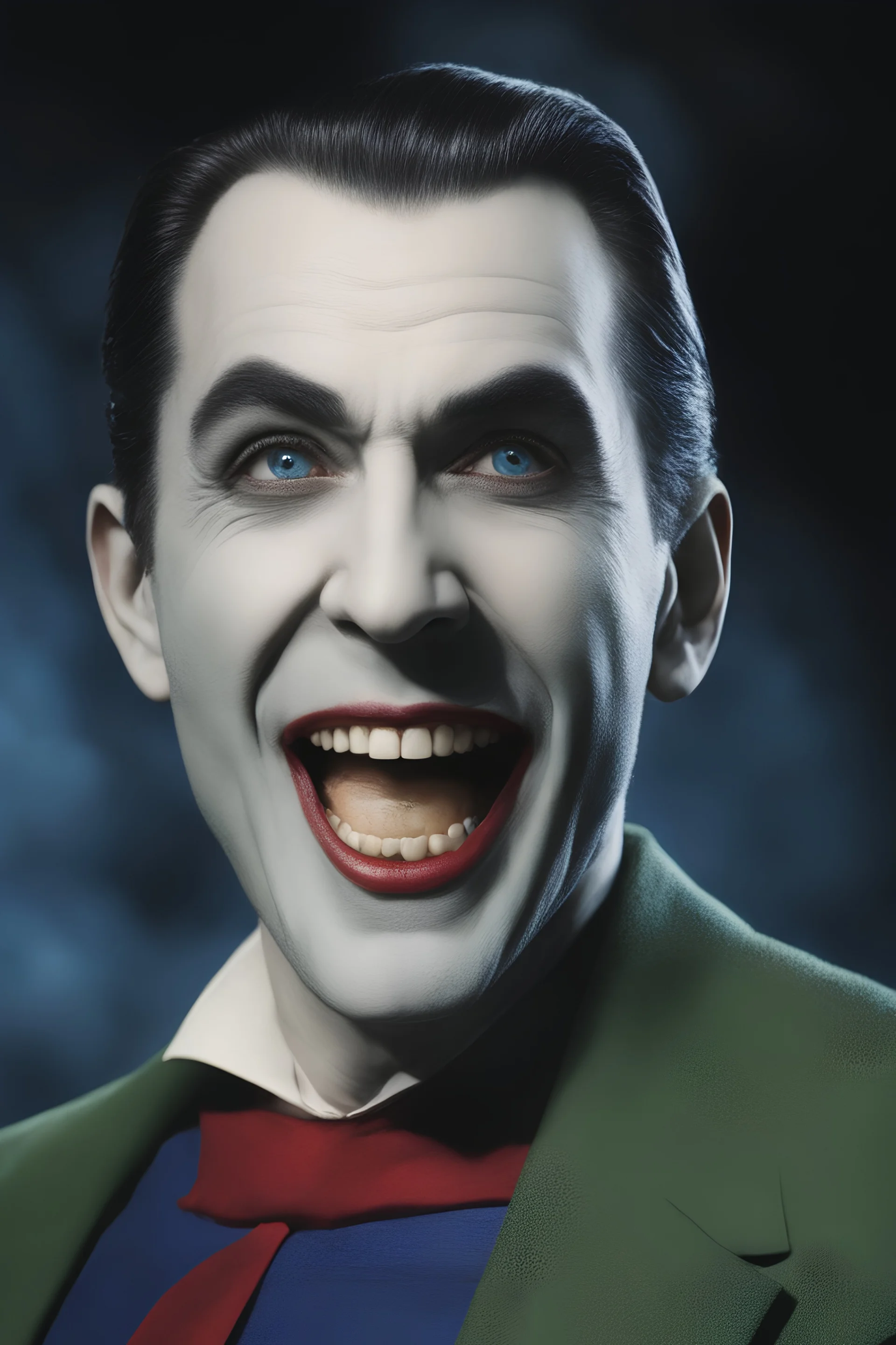 Bela Lugosi as Herman Munster Superman Joker, laughing - Blue eyes - full color - 32k, UHD, 1080p, 8 x 10, glossy professional quality digital photograph - dark foggy gradated background, historic, powerful, octane rendering, exquisite detail, 30 - megapixel, 4k, 85 - mm - lens, sharp - focus, intricately - detailed, long exposure time, f8, ISO 100, shutter - speed 1125, diffuse - back - lighting, ((skin details, high detailed skin texture)),