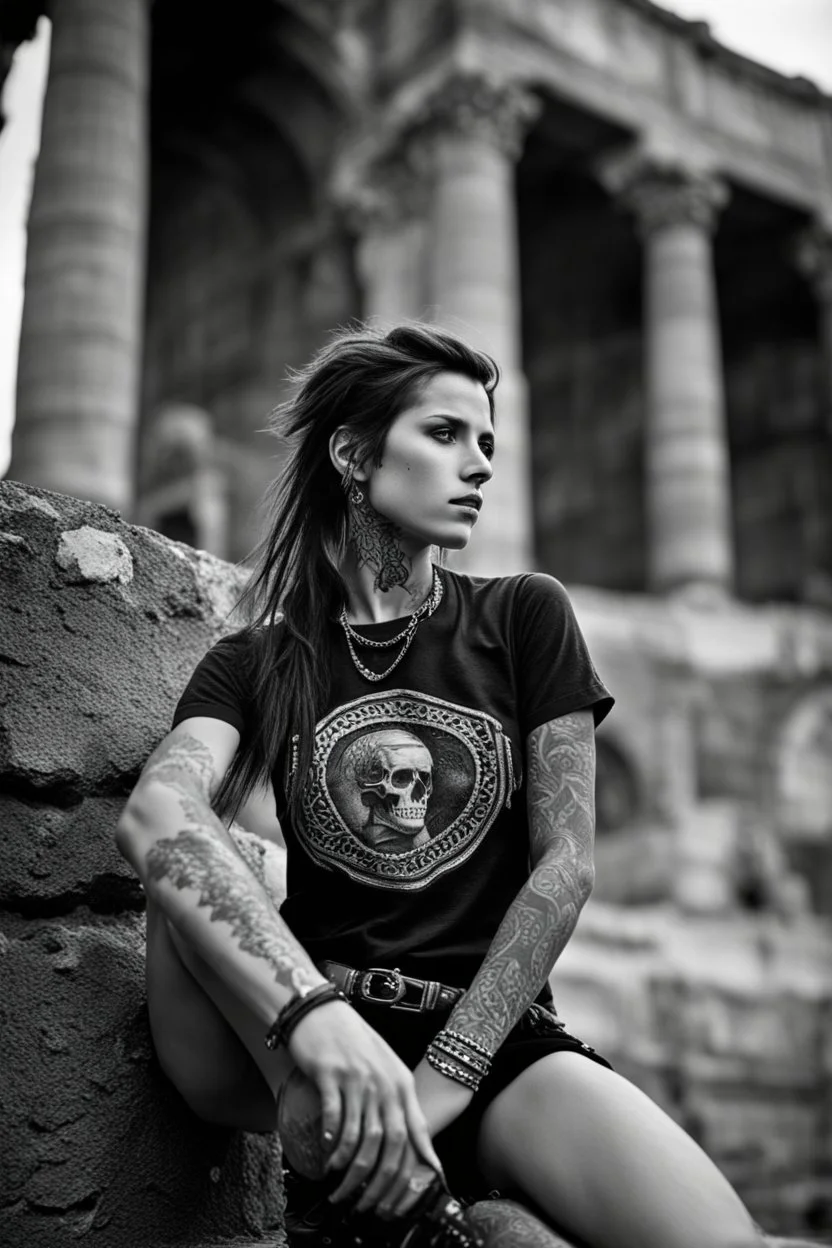 A portrait of an attractive young Italian punk girl. Photo taken in front of the Colosseum. Holey T-shirt, short red skirt, heavy boots, a few tattoos and piercings, colourful teased hair voivod style, sitting pose, 135 mm lens, classic Ilford film, highly detailed skin,