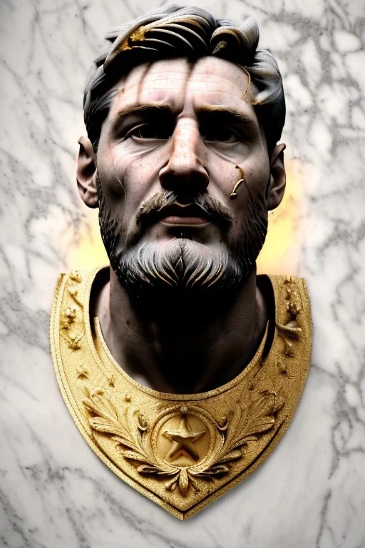 Ultra Realistic image, Roman sculpture, white marble material, Lionel Messi, gold Laurel leaves wreath, renaissance ornaments, one gold star in heart, marble and gold ornaments background, chisel style, waist up portrait, emperor style, epic, celestial, cinematic lighting, God light, god rays, 4k resolution, smooth details, ornate details, soft lighting, unreal engine 5, art station, substance 3d.