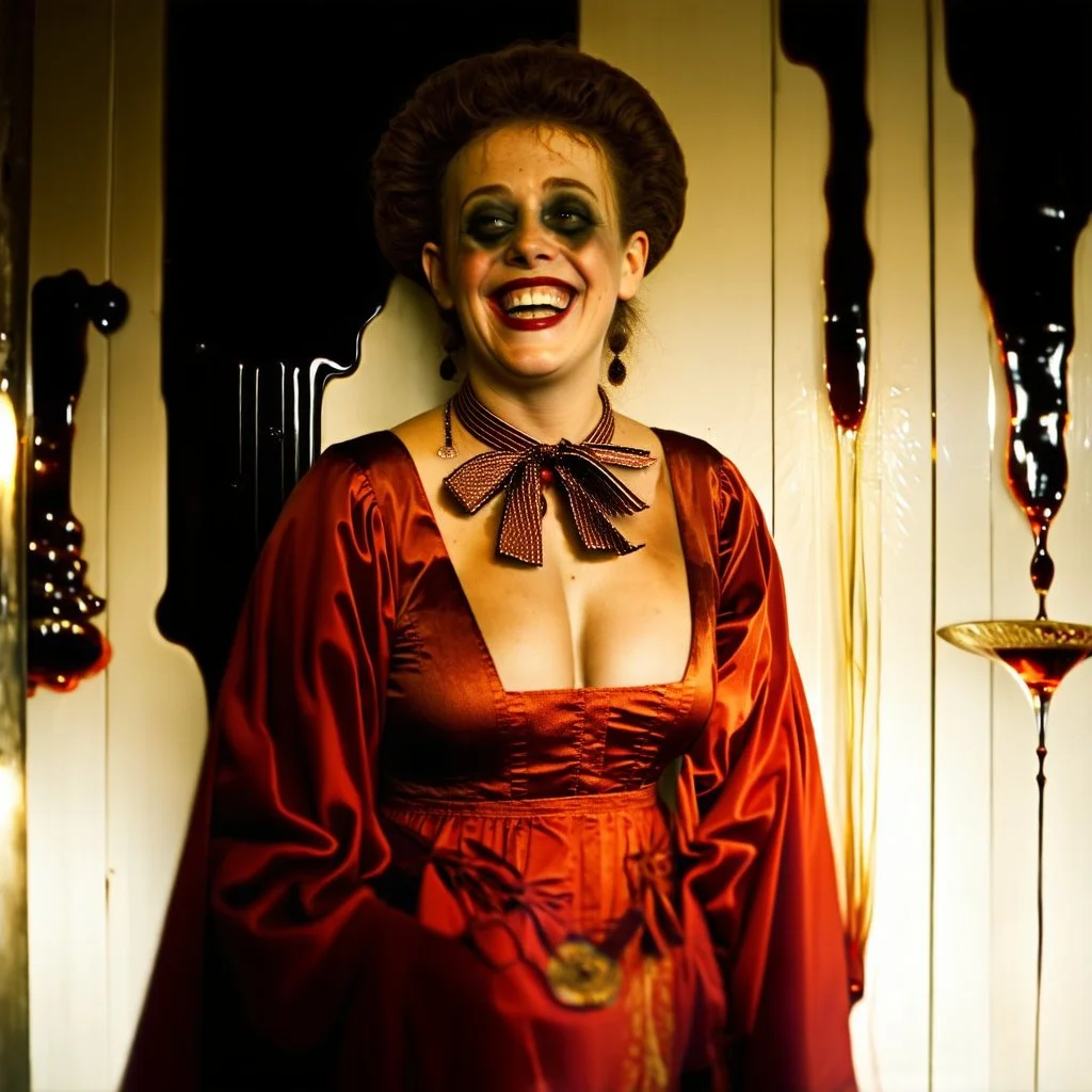 foto Ilford tiltshift surreale di persone con sorrisi enormi, show breast, carnevale, dettagli dei vestiti molto accentuati, misterioso, tenebroso, marcio, macabro, fiotti di liquido nero, Egon Schiele, Caravaggio, Gustav Klimt and Max Ernst style, hypermaximalist figures, light, details of the liquid extremely accentuated, Minicavio Quollati style, photography by Marlost Endgulp, dark atmosphere, 4k, sharp focus