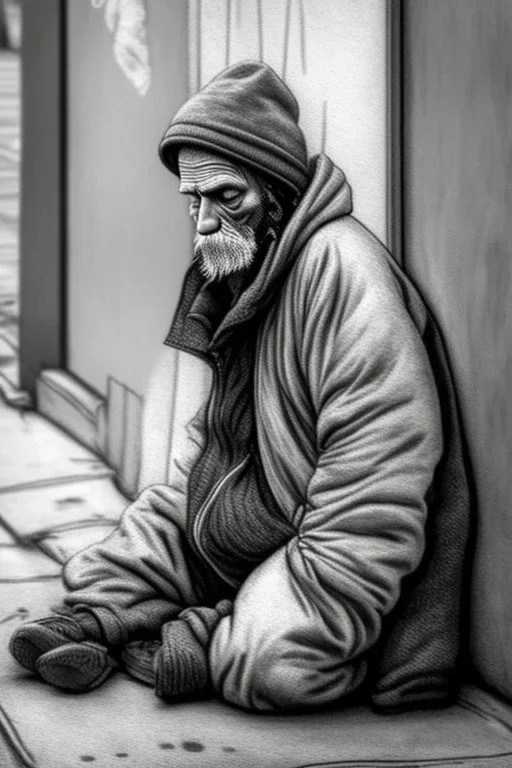 One single mature homeless cockatoo with worn out clothes, sleeping in a corner on the street, Vienna, mourning, model style, hyper realistic, extremely accurate, delicate, extremely detailed, Graphic novel style, wide-angle, open aperture, superfine pencil