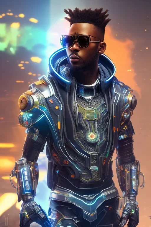 cyberpunk, black man, dreadlocks, high def, volumetric lighting, robotic arm, sunglasses