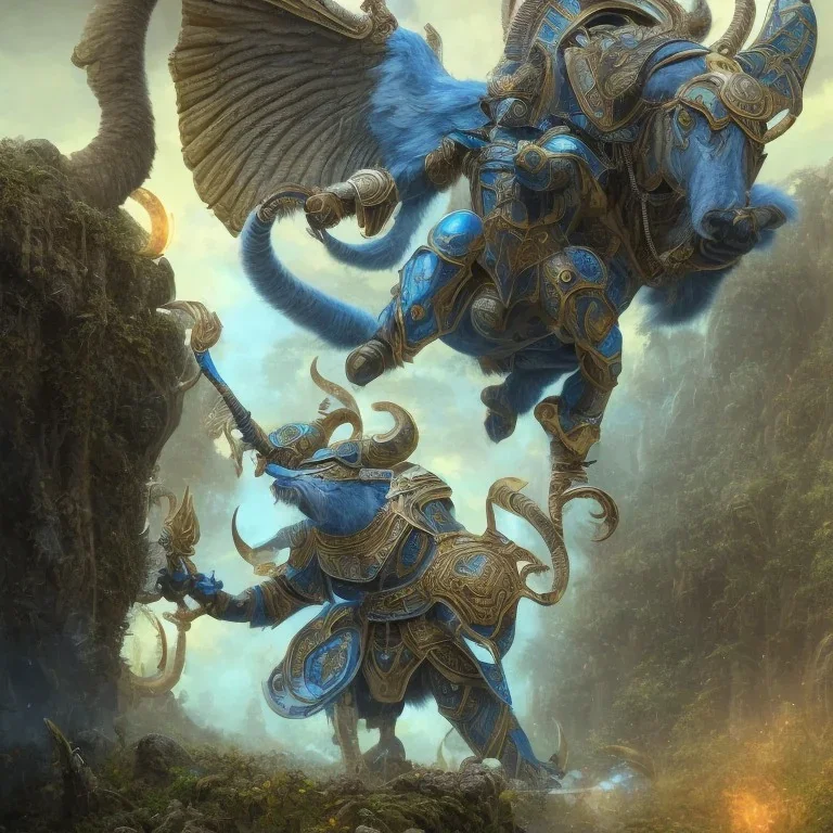 a Big-horn Ram warrior in blue and yellow battle armor, a highly detailed illustration, background of Inka jungle, realistic render, 8 k, micro detail, intricate, elegant, centered, digital painting, Artstation, smooth, sharp focus, illustration, artgerm, tomasz alen kopera, peter mohrbacher, donato giancola, joseph christian leyendecker, wlop, boris vallejo