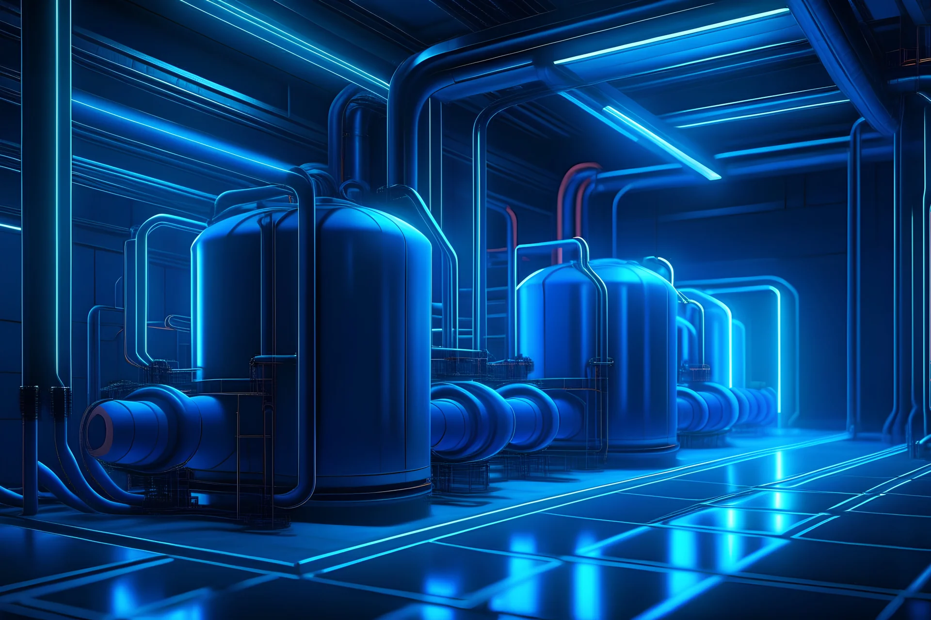 water filter system, factory area, hyperrealistic 16k, 3d rendering, expressively detailed, dynamic light, expressiv neon lighting, video game, neon lighting