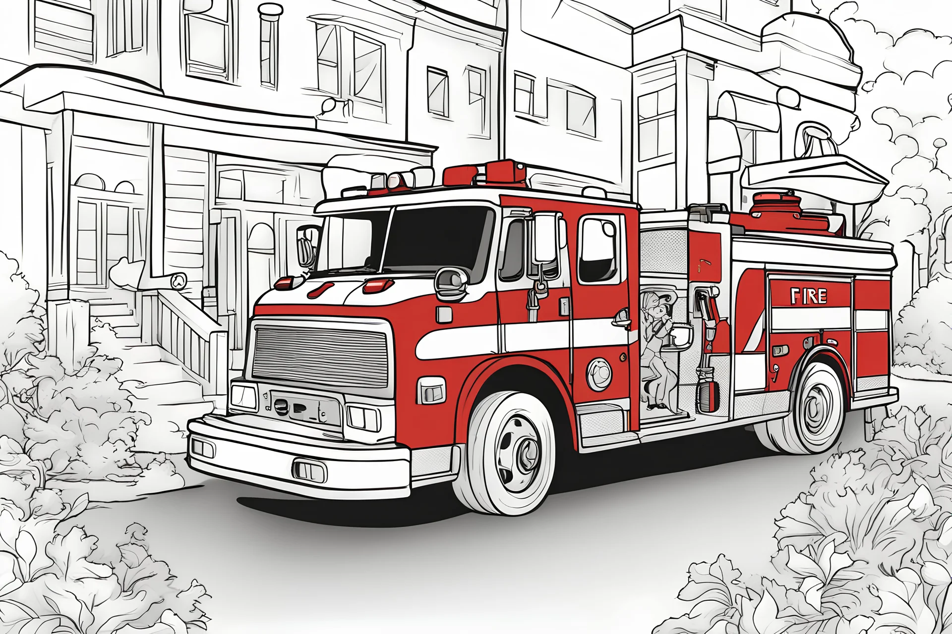 b/w outline art for kids coloring book page, coloring pages, Fire Trucks , white background, whole body, Sketch style, full body (((((white background))))), only use outline., cartoon style, line art, coloring book, clean line art, Sketch style, line-art