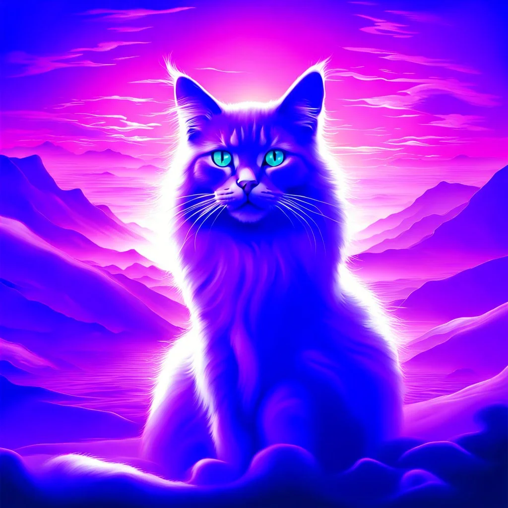 majestic cat, psychedelic, violet tones, fantasy landscape