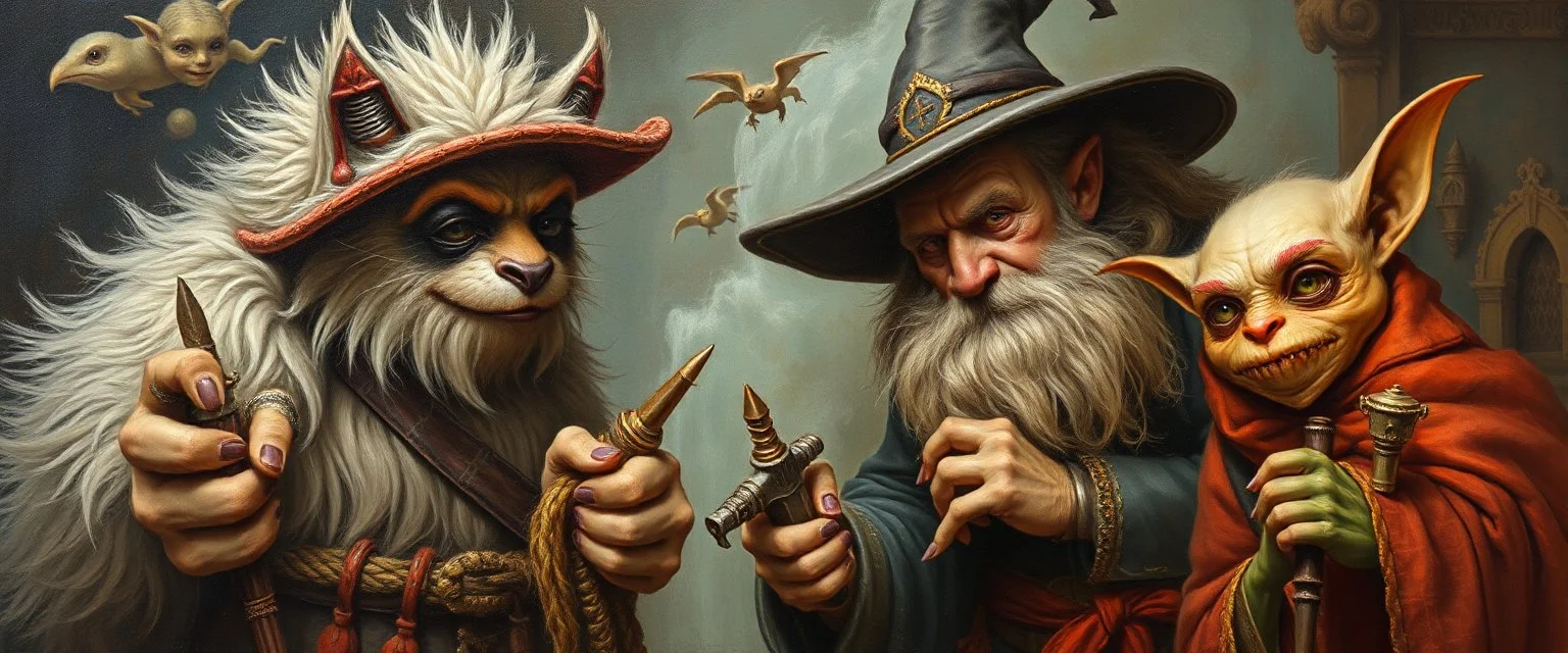 master oil painting with some air brush, fluffy human thief hyena merchant sailor priest gremlin realistic and creepy, straight from the lich lab, in the style of Escher and Titian