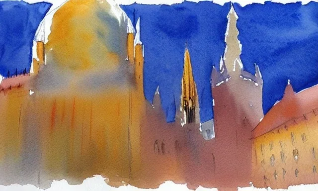 watercolor, city, ultramarine blue, raw sienna, kathedrale, vienna