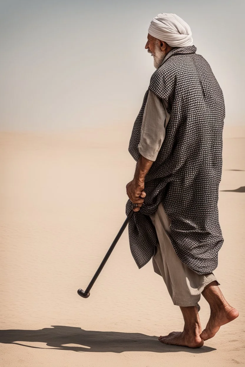 An old man wearing an Arabic keffiyeh, his back bent, walking barefoot, holding his cane upside down, looking back and holding his shoe in his hand.