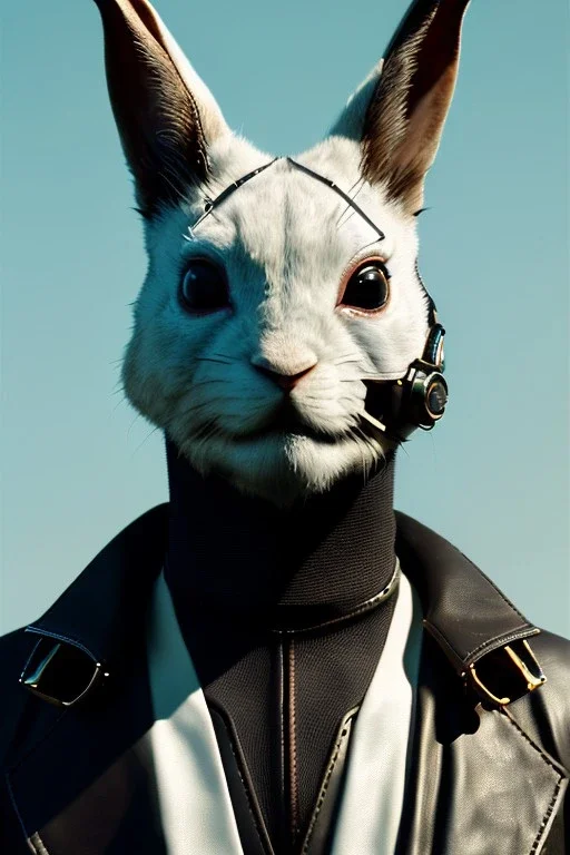 Medium Close Up Portrait, Front image. cyberpunk, rabbit mask, spanish man, white short hair. leather, suit. White, black, red, color. cyber style. Color background, photo studio. Avatar image, highly detailed, concept art, smooth, unreal engine 5, god rays, ray tracing, RTX, lumen lighting, ultra detail, volumetric lighting, 3d, finely drawn, high definition, high resolution.