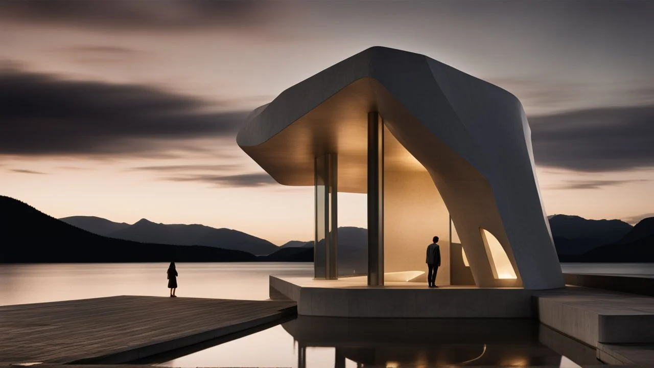 A modern architectural structure with irregularly shaped holes illuminated from within at night, a person standing in the doorway, and a body of water in the foreground with mountains in the background