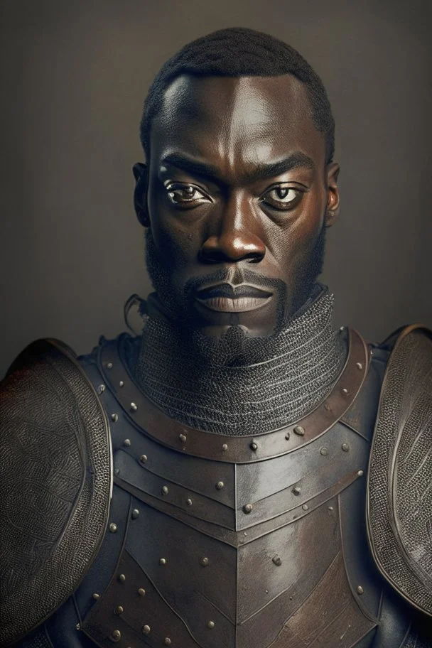 Portrait of a black man, fifty years, wearing a leather armor
