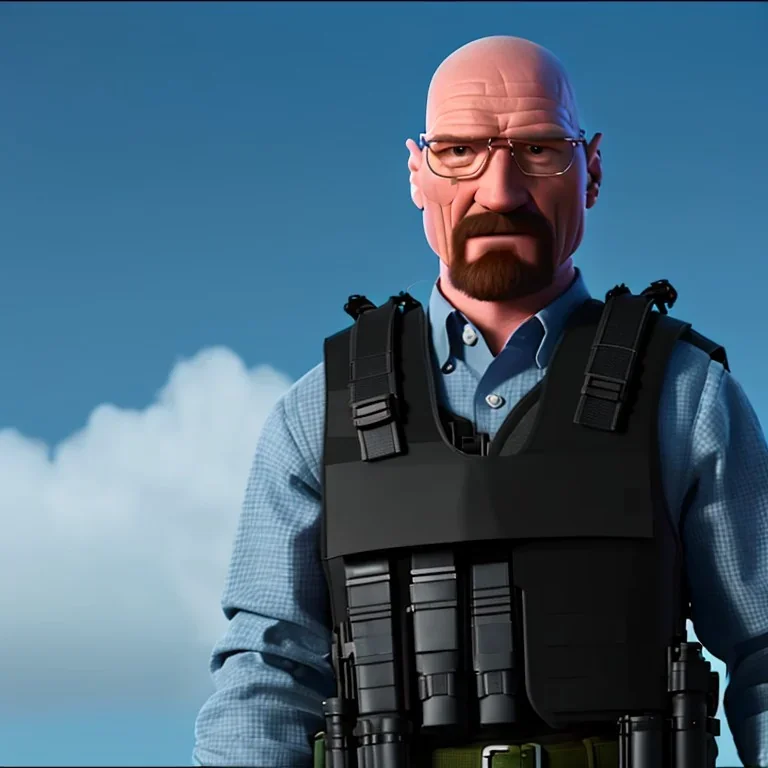 Walter White cyborg, 8k, tactical vest, helmet, gun.