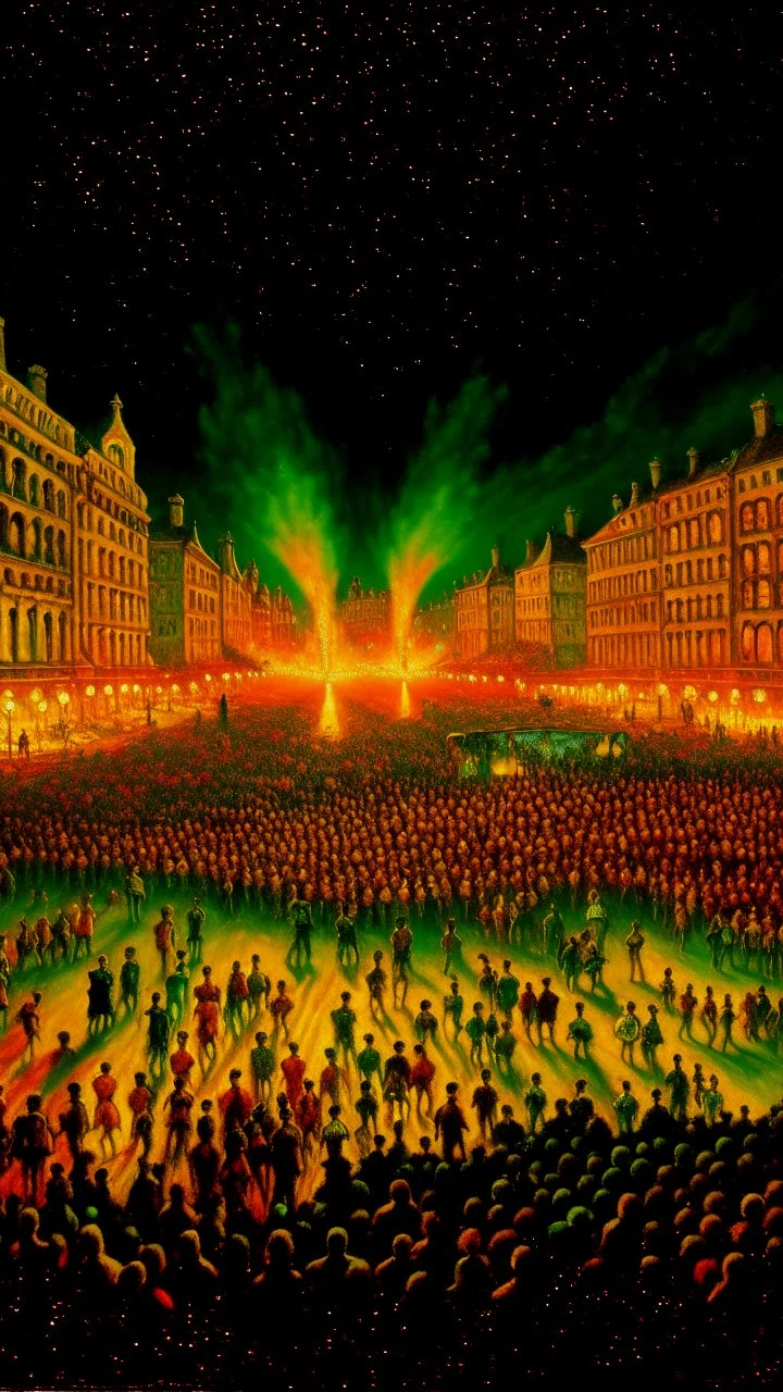 Track of oil with runners made of lights, in the background the crowd is burning, in the style of Pieter brueghel