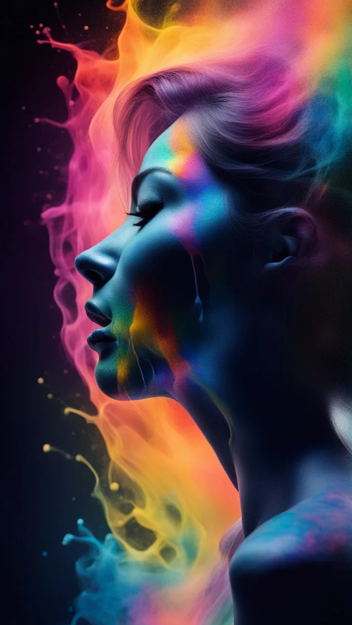 the silhouette of a beautiful woman overcome with emotion, where the emotion is represented as colorful chemical flows through the face