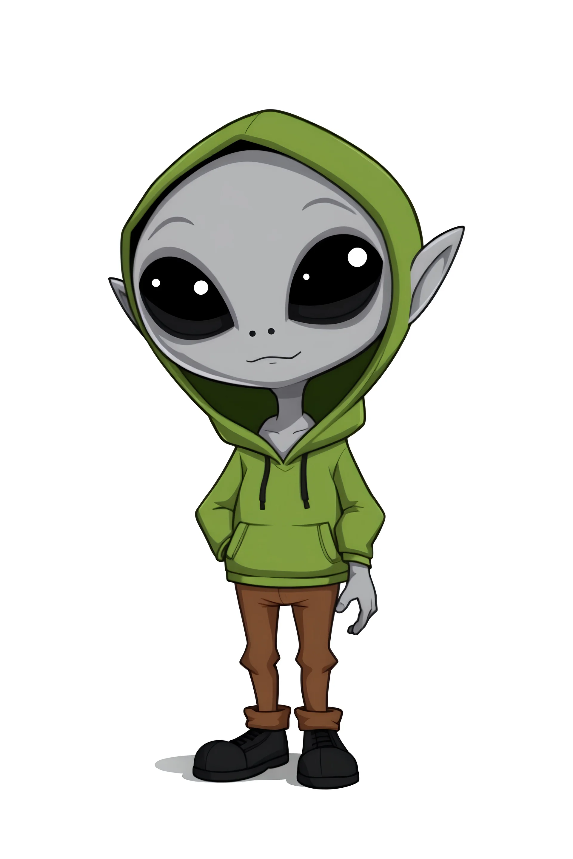 grey cartoon alien with black eyes, has a green hoodie on, 5 foot tall, brown pants and black shoes, standing full body image