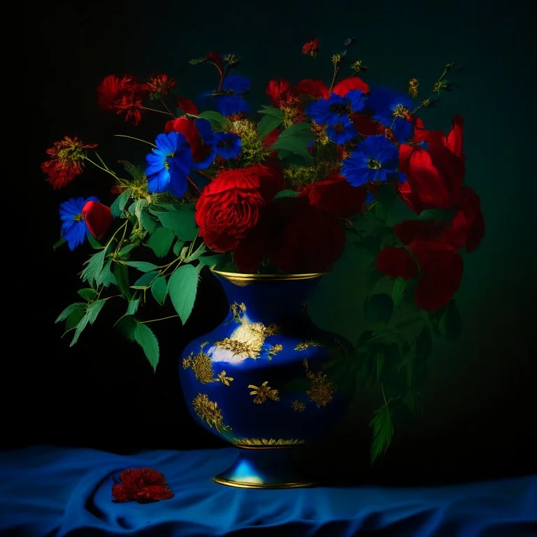 Flowers in midnight blue flowers, red flowers and green leaves in a gold vase. Light background