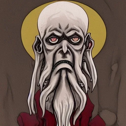 Cthulhu with white skin and a beard made of fleshy tentacles as a Russian Orthodox nosferatu with yellow eyes and vampire fangs and quills on the head