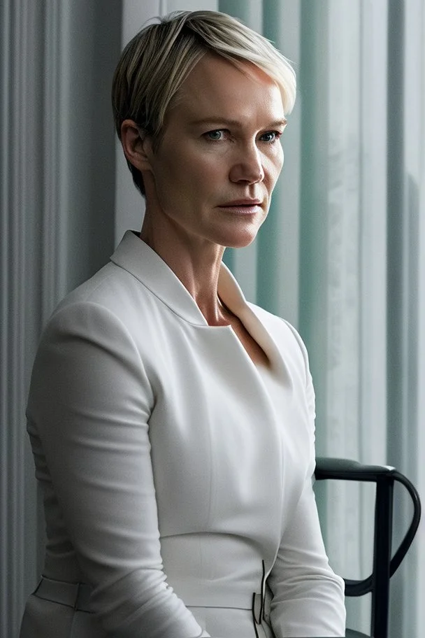 Robin Wright in The House of Cards, reimagined by industrial light and magic, sitting in the chair, final season, movie poster