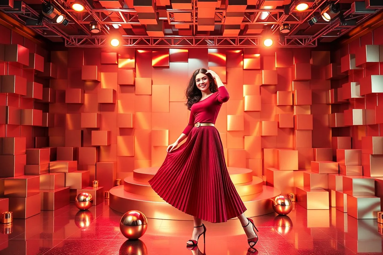 a pretty stage made of metallic color 3d recursive cubic and sphere base structures and a beautiful fashion model lady posing with joy and cute ,with dark red top and pretty pleated midi skirt ,makeup curvy long hair,dynamic camera zoom to full body and pan, dynamic lights.
