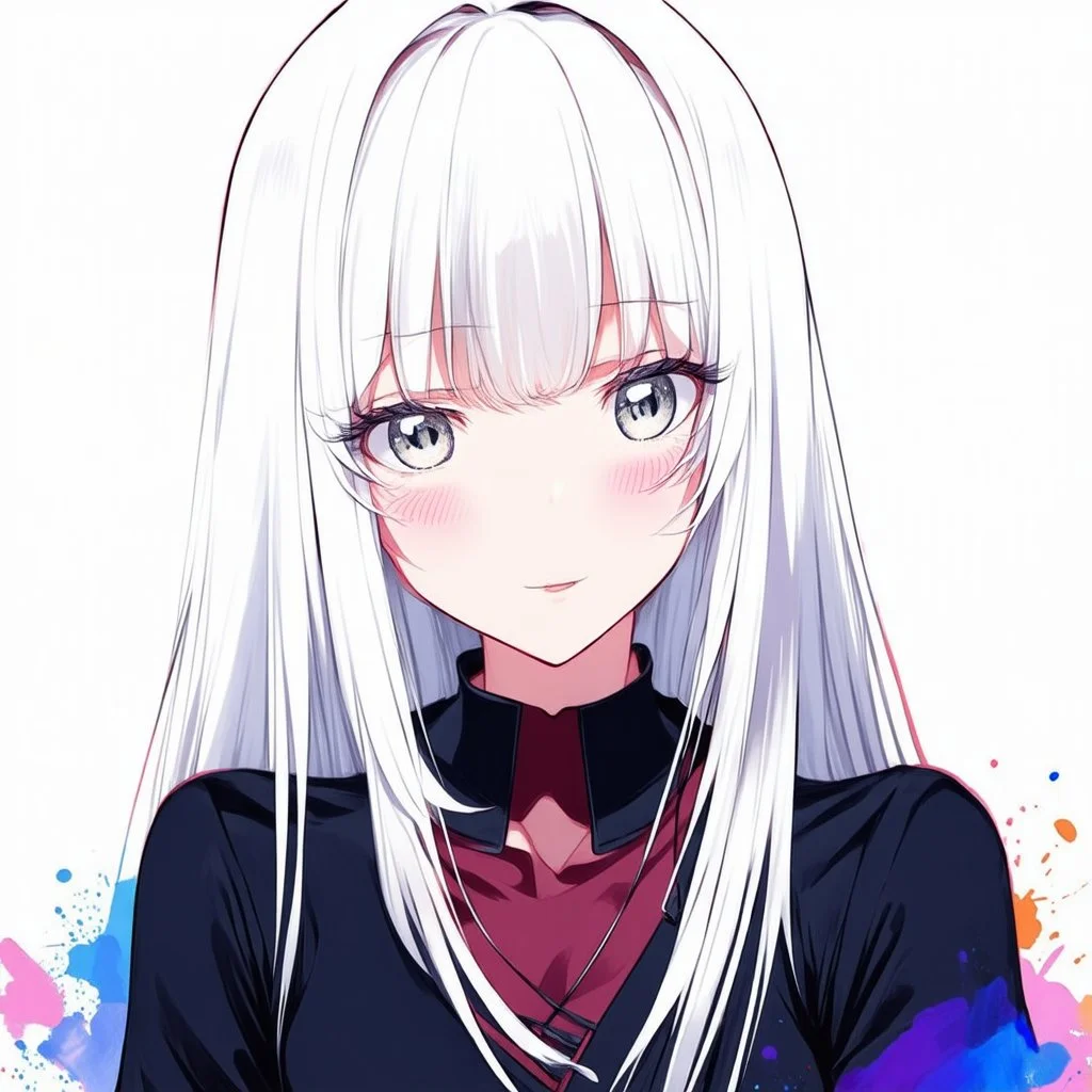 a close-up headshot of a shy young woman with long white hair, silver eyes with long lashes, slim delicate build, sickly complexion, soft, anime style, intricately detailed, splotchy watercolor background,