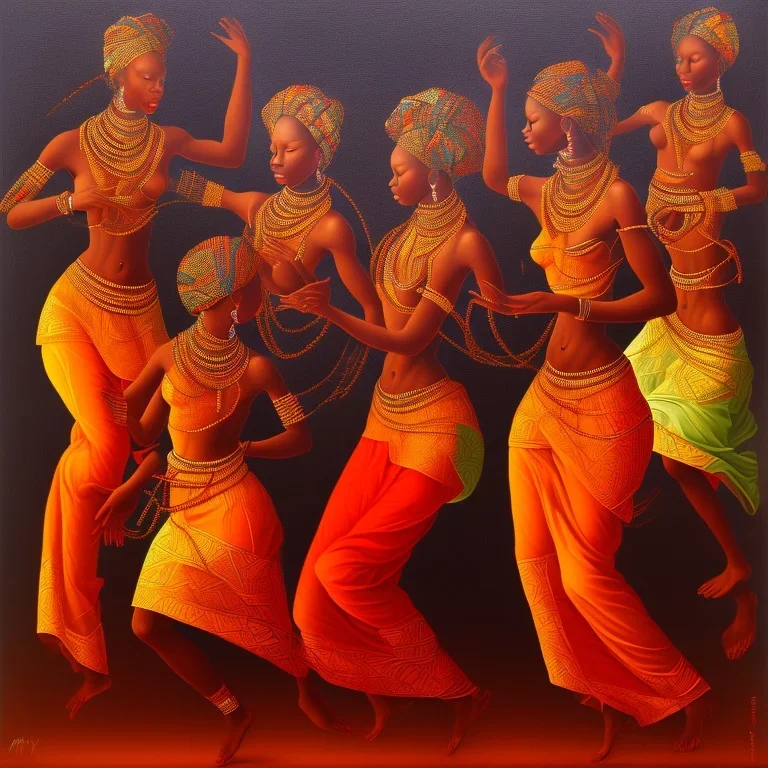 an abstract painting with figures of three African women dancing