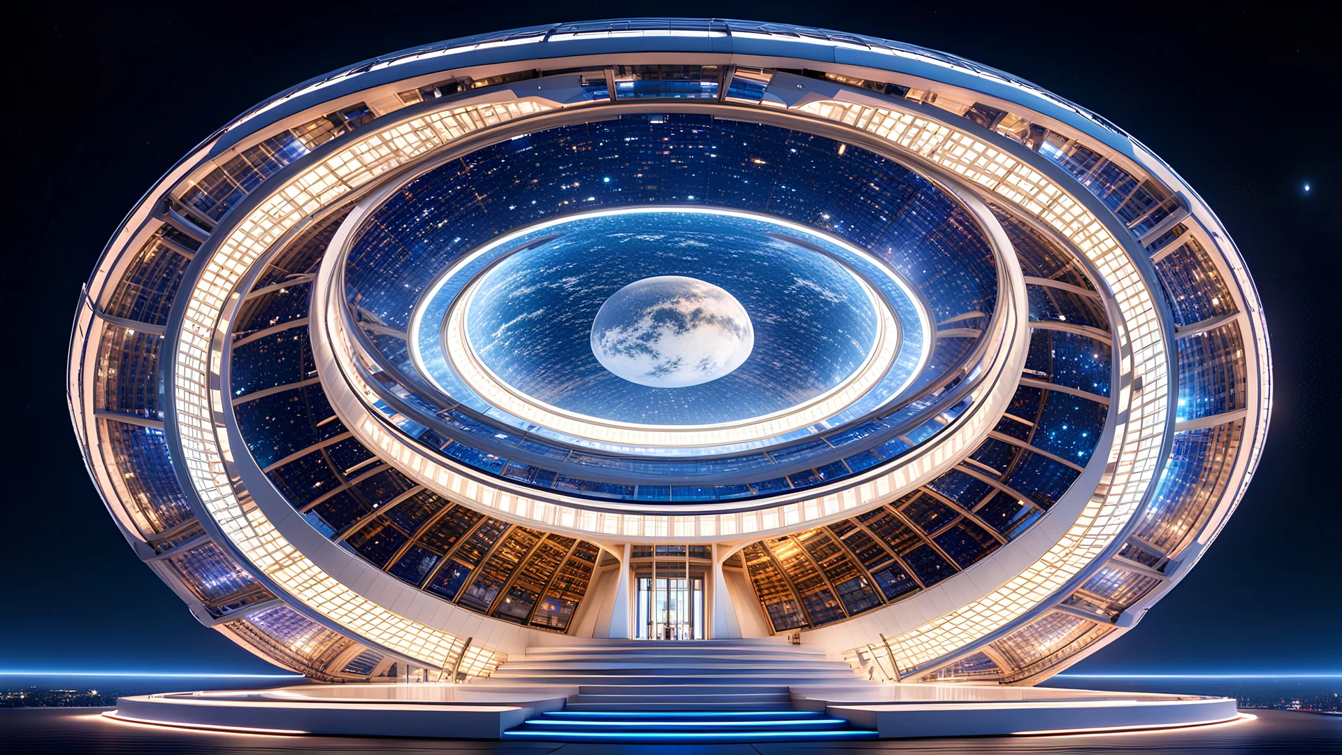 futuristic fantastic symmetrical circular spaceship, exterior view with stars and planet, year 2060, night, beautiful, colorful, totally symmetrical design, style Shigeru Ban, cosmic innovative architecture, award-winning photograph, awesome, serene, inspiring, spiritual, impressive, cinematic lighting, epic composition, photorealism, very high detail, Unreal Engine, Octane render, HDR