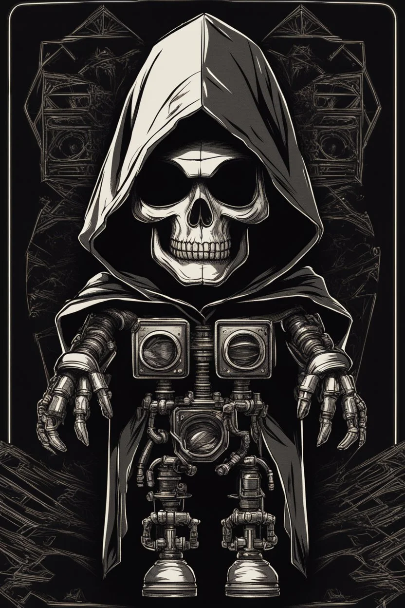 skull head on toy robot in a black hooded cloak drawn in a retro mascot style, inside a light diamond shape on a black background, monochromatic