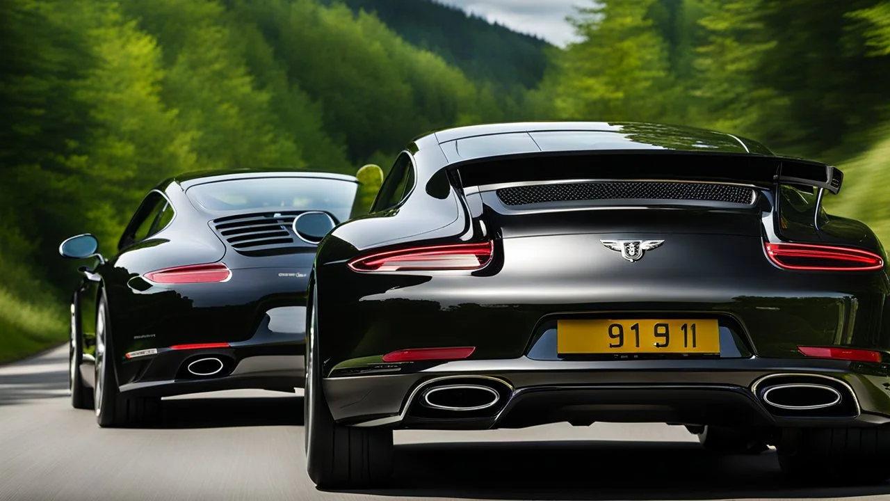 A sleek rear view of (((a cross of bentley and porsche 911))), on street, with hill and trees around, a beautiful clouds and sunny weather