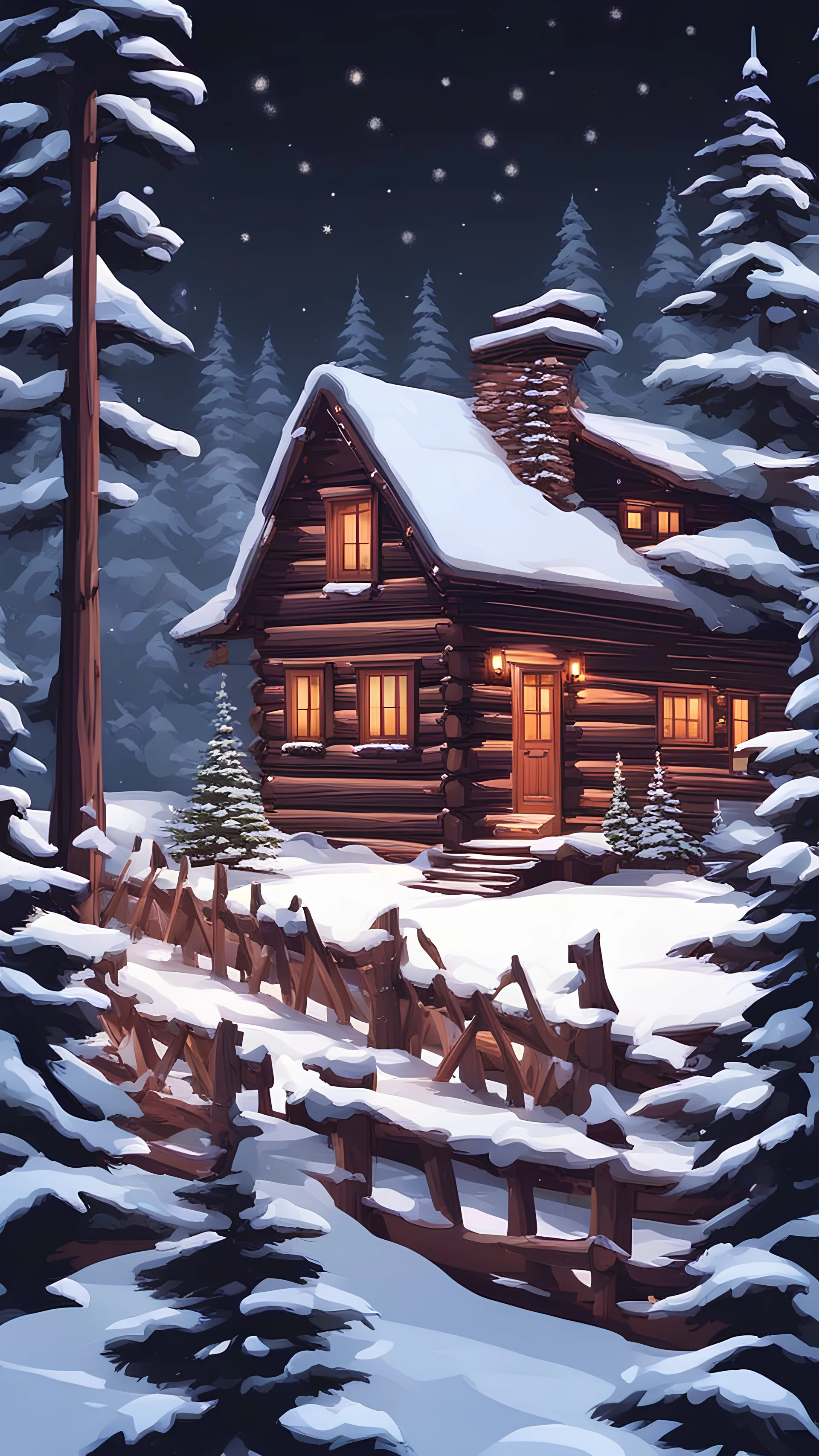 one winter log cabin in the woods pine forest trees snowy dark night christmas colored garlands