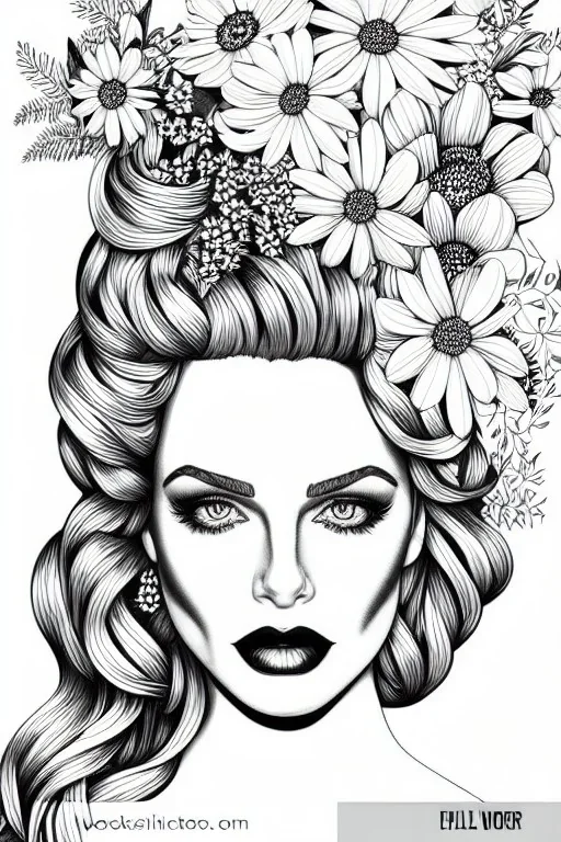 hyper detailed, black and white, thick line, coloring book illustration, lineart, stunningly beautiful woman in flowers