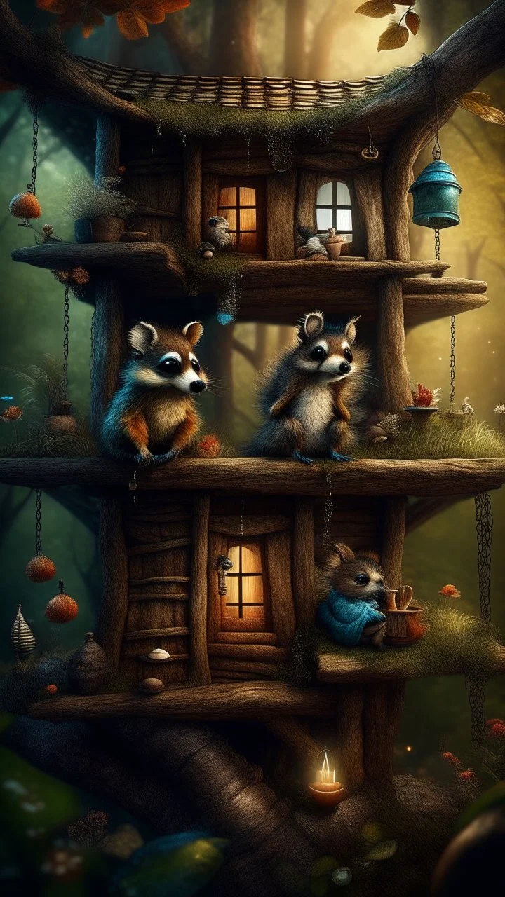 magazine cover with fade to black border, portrait of sleepy dog bug squirrel couple in a tree house in wonderful enchanted magical forest by river,bokeh like f/0.8, tilt-shift lens 8k, high detail, smooth render, down-light, unreal engine, prize winning