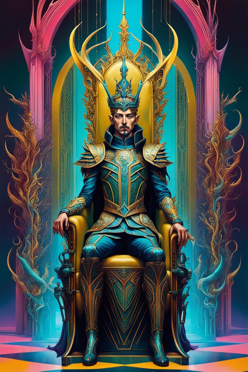 Ilustración lineal arte surrealista estilo Salvador Dalí de un rey Elfo en el trono con armadura cyberpunk, full body, hiperdetallada, increíble obra de arte, colores complementarios, maximalista