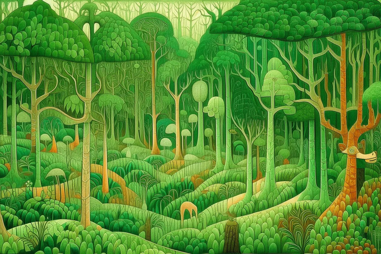 A green cybernetic forest designed in Chinese paper art painted by Georges Seurat