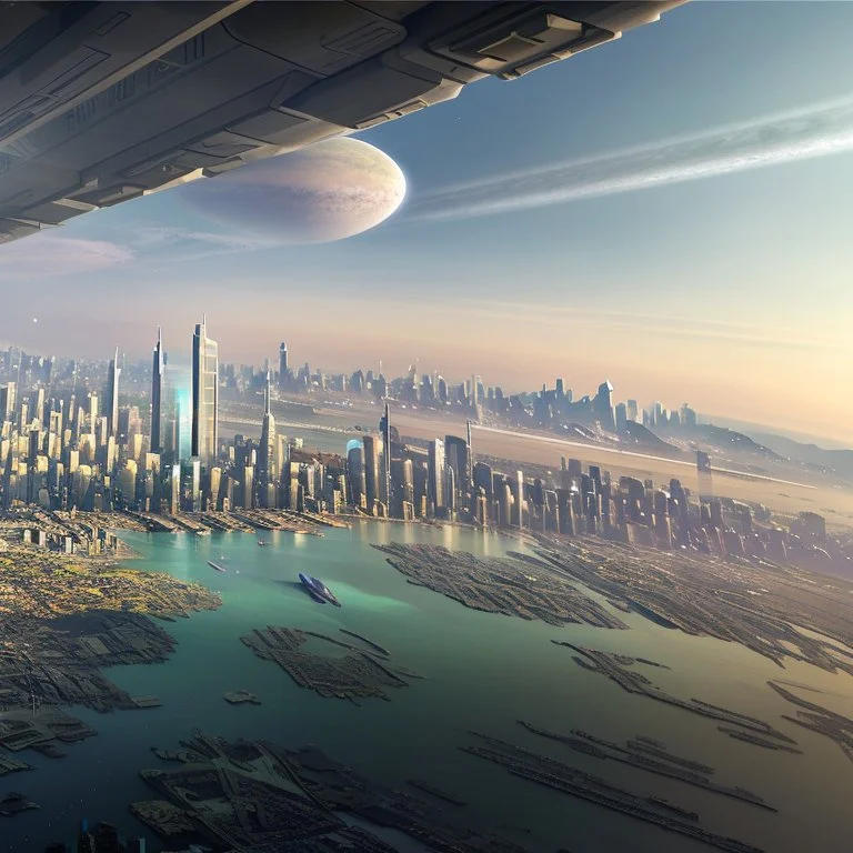 Aerial view of city on a (((twin planet))) of Earth in another galaxy, showing a diverse community. The skyline is dominated by tall skyscrapers with modern futuristic architectural designs, the streets are filled with people from diverse backgrounds. In the distance, a majestic bridge crosses a river and connects the city with a beautiful park on the other side. 8k