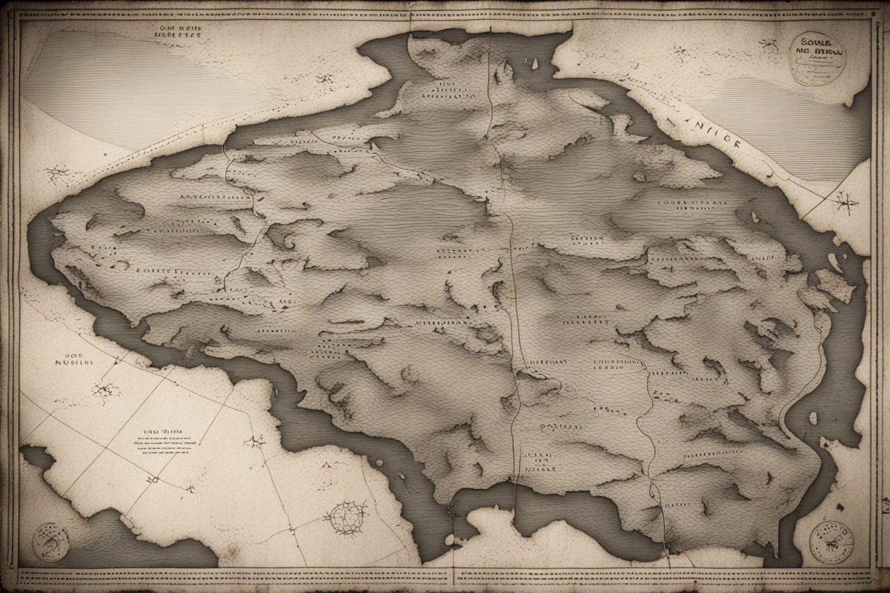 a scan of an ancient North American Cree printed road map of a fictional place that was black and white but has since been stained and weathered