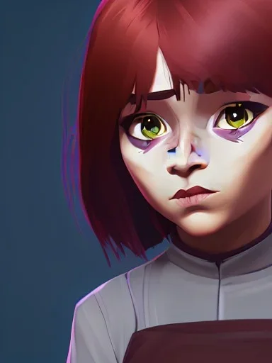 Portrait of a sweet 9 year old witch toddler girl with brown hair with bangs and blue eyes