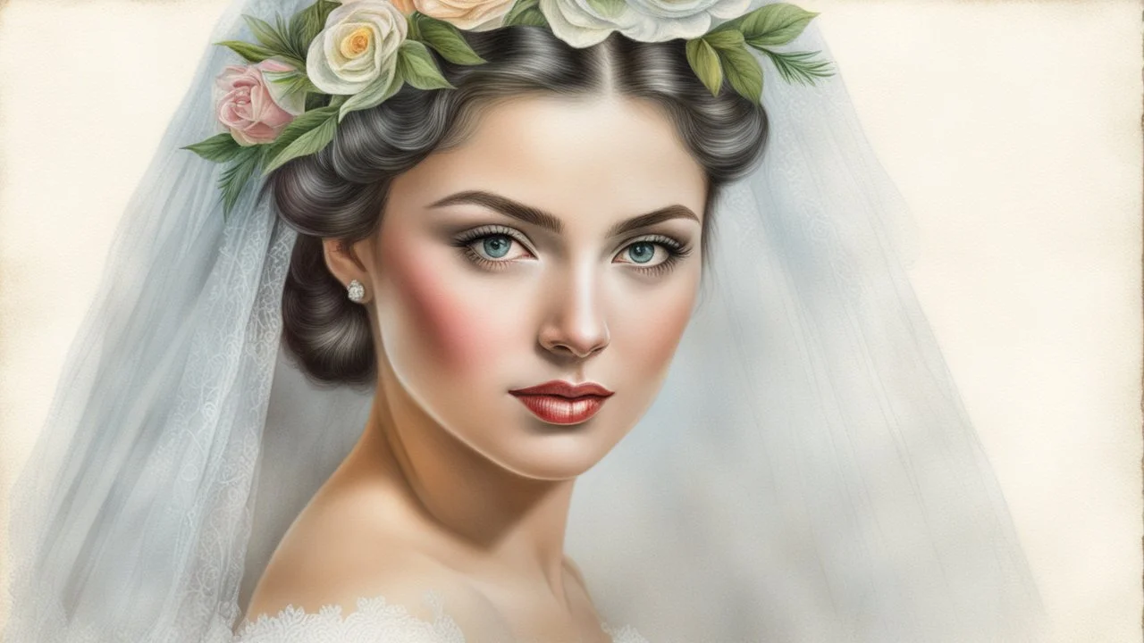 old postcard, white background, bride, colored pencil drawing, 3d, 64k, high resolution, high detail, computer graphics, hyperrealism, f/16, 1/300 sec. digital painting, double exposure,