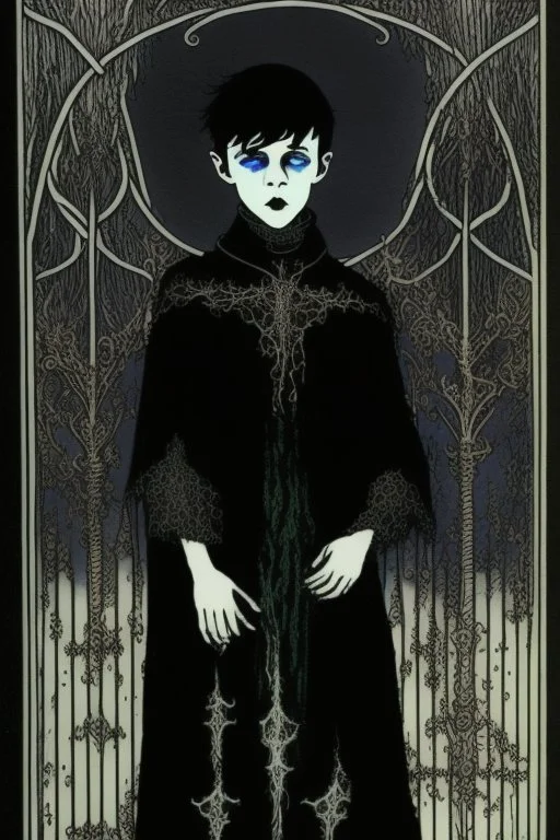 7 year old boy, necromancer, friendly, looks dead, surrounded by weird smoke with eyes, wearing black robes, in the style of Harry Clarke
