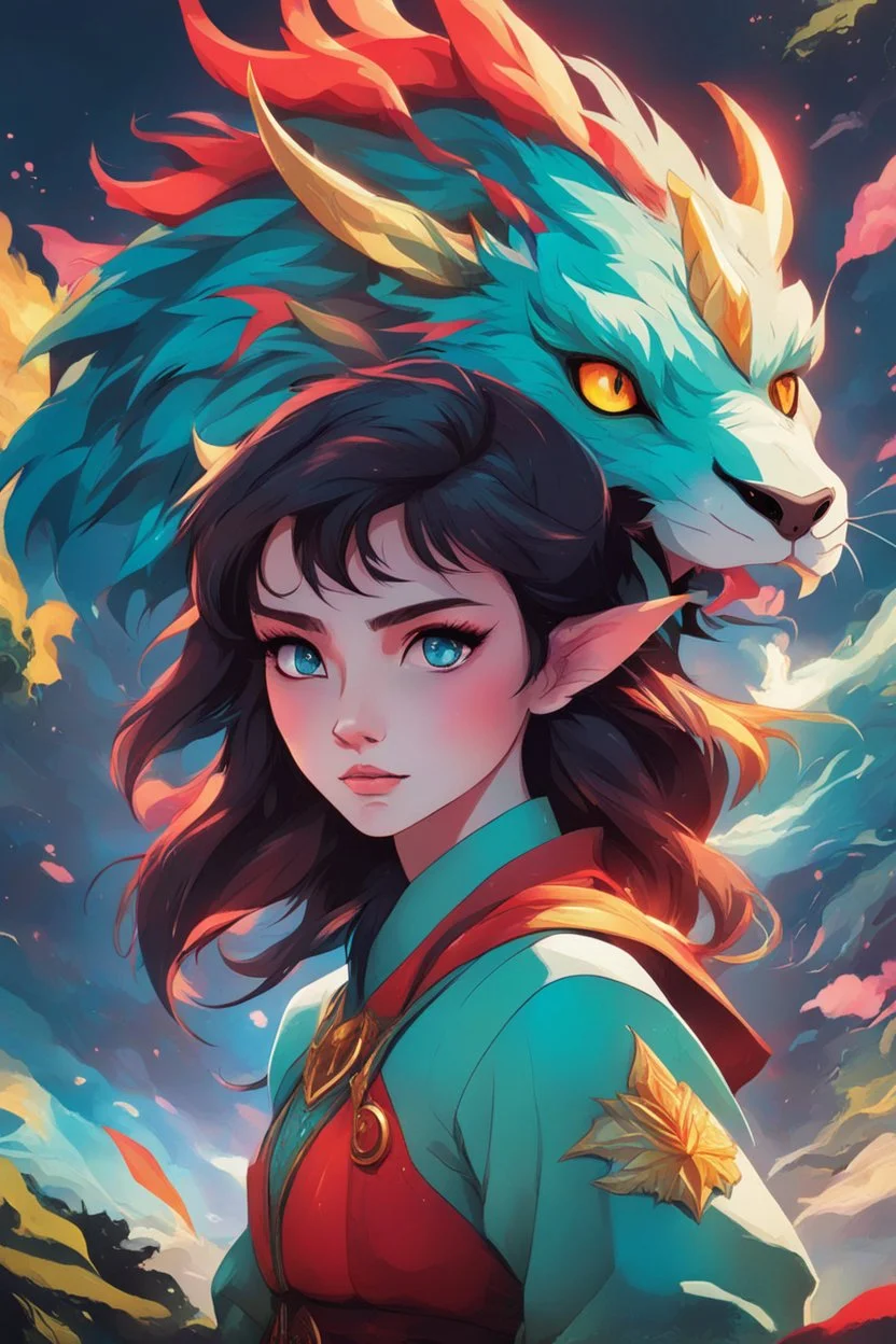 A dragon mixed with a mythical lion and a human female elf.Dramatic and powerful look and feel. Extensive attention to details. Bold lines. Vivid colors. 80s style retro anime art. Double exposure. cartoon style.