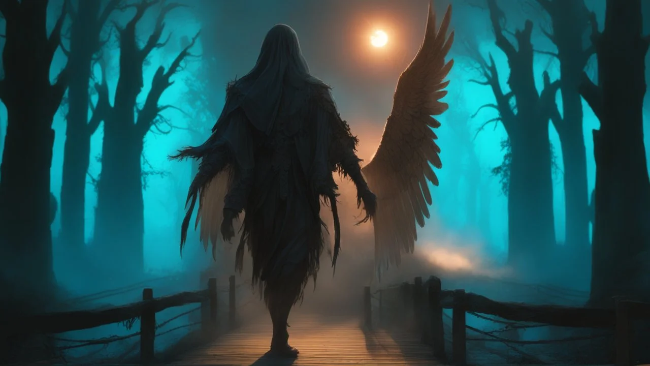 walking straight ahead over a wooden bridge, holding the angel of death with your right hand, entering the fog at the end of the road that leads to the afterlife, and a beautiful sunset and galaxy's behind the fog, realistic