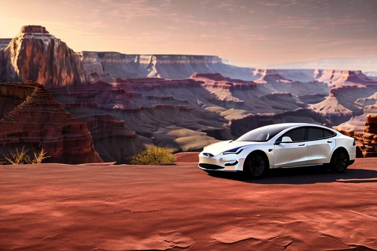 A Tesla 'Model S' is parked, in the 'Grand Canyon National Park'. (CINEMATIC, WIDE ANGLE LENS, PHOTO REAL)