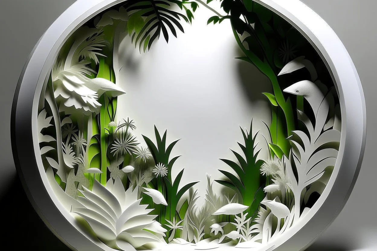 white,background,looking,through,a 3-d, hole,or,window,,a,seeing,jungle ,skulpture,like