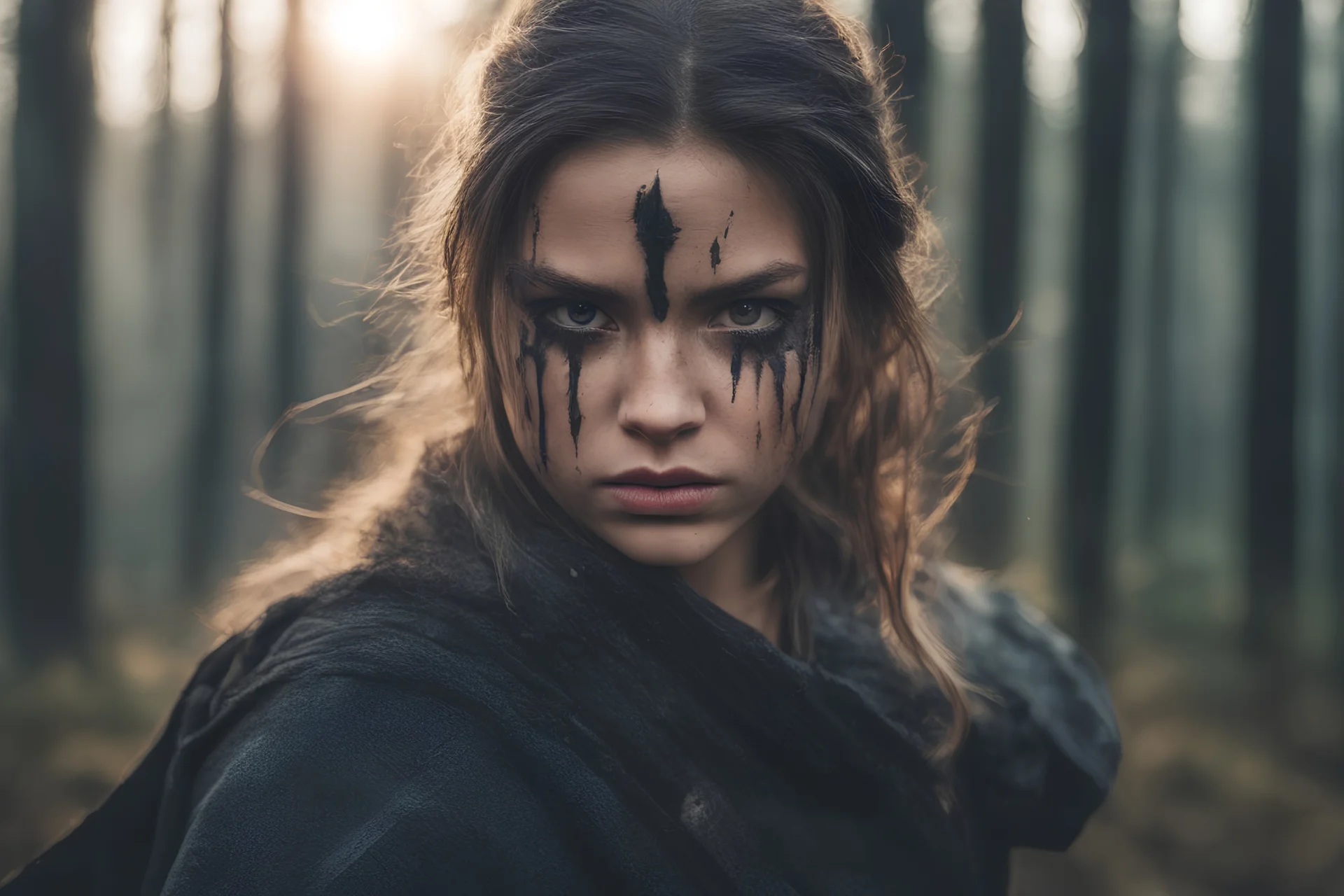 Warrior girl with black tears down her face, gritty, down low at edge of thick forest at dawn, ready to attack, focused, determined, sword, looking off into distance, photo realistic photograph