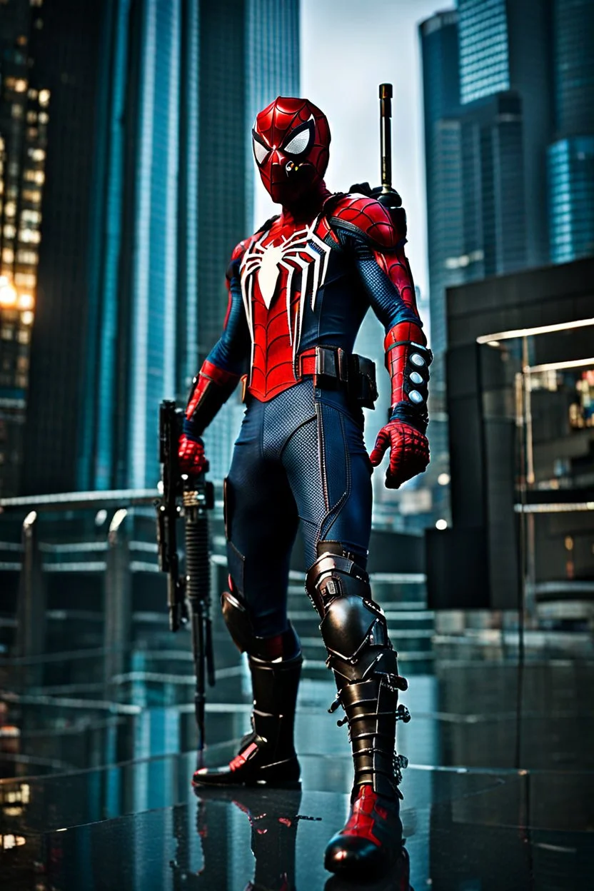 Spider-Man in cyberpunk armor, photograph