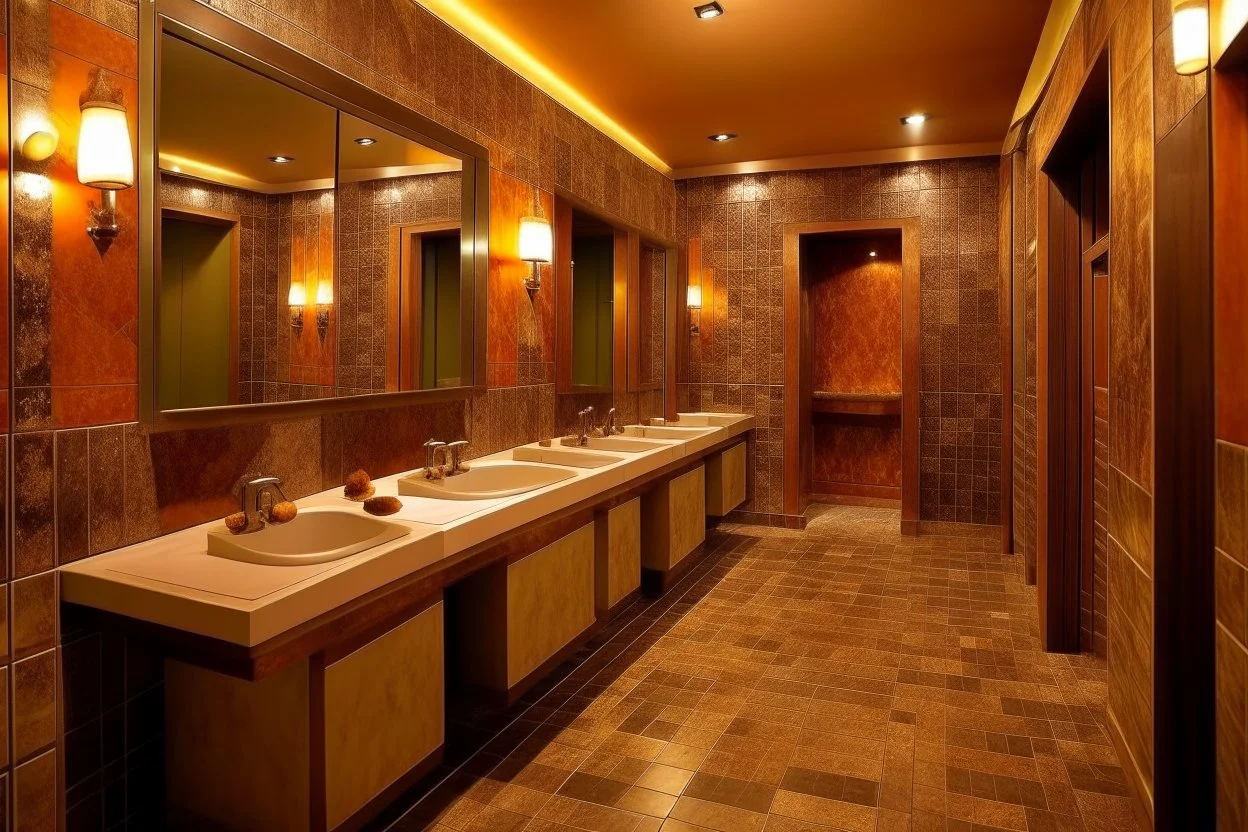 Pictures of a group of bathrooms in Mathaf Restaurant. The walls and floors are colored in brown tones