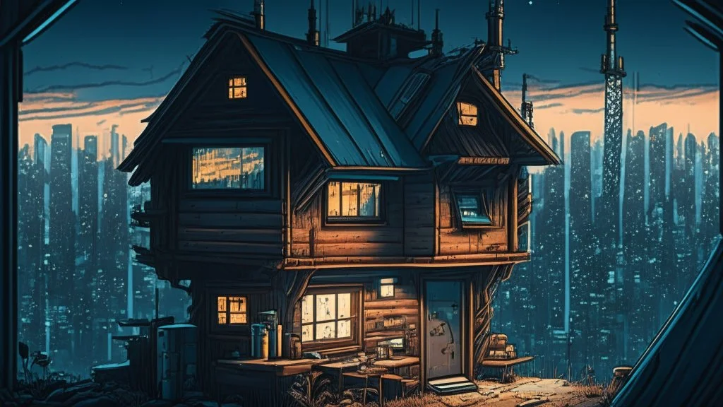 small german Cabin, In cyberpunk city-skyline, comic style, realistic coloring