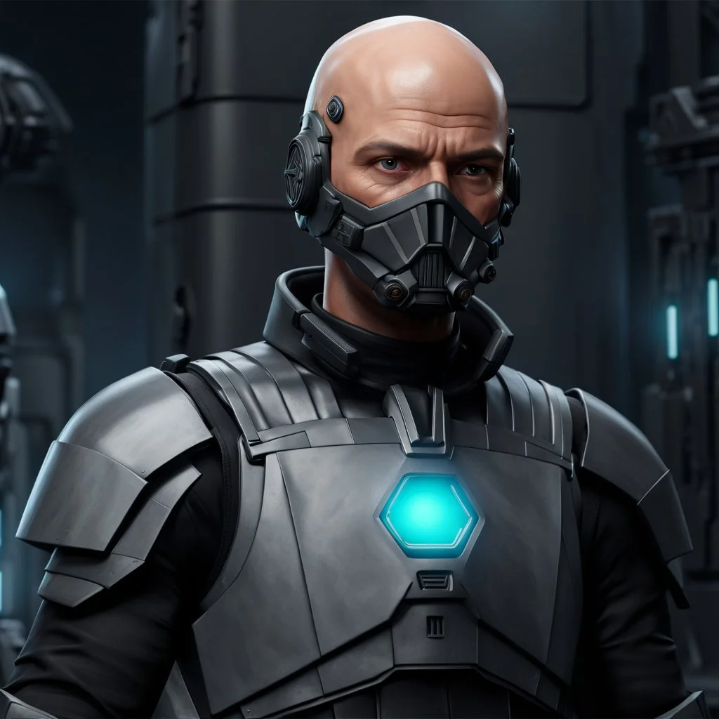 star wars bald male corellian pilot wearing pearlescent black and gunmetal grey First Order special forces heavy assault stealth commando armor and helmet with gold trim inside the jedi temple, hyperdetailed, dynamic lighting, hyperdetailed background, 8k resolution, volumetric lighting, light skin, fully symmetric details